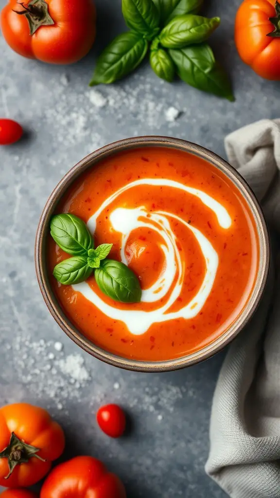 A bowl of roasted red pepper and tomato soup garnished with basil, surrounded by fresh tomatoes and a towel.