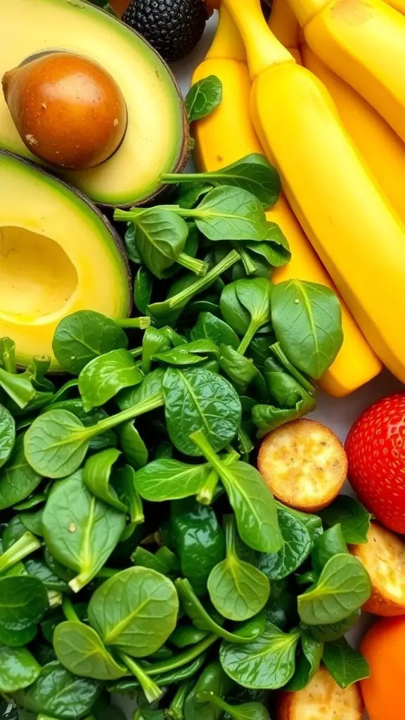 An assortment of soft foods including avocados, bananas, spinach, strawberries, and crackers.
