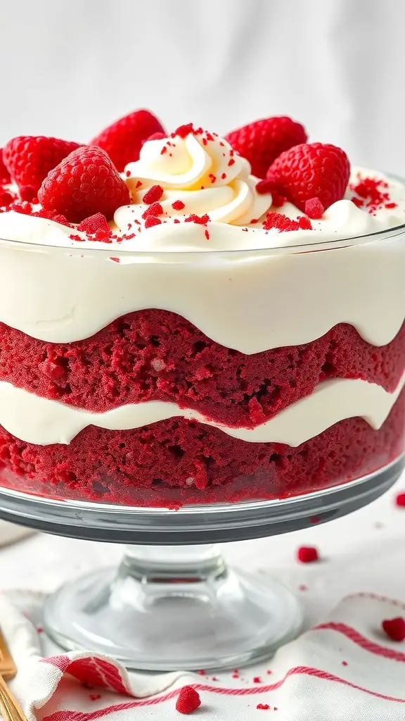 A delicious red velvet trifle with cream cheese frosting, topped with raspberries.
