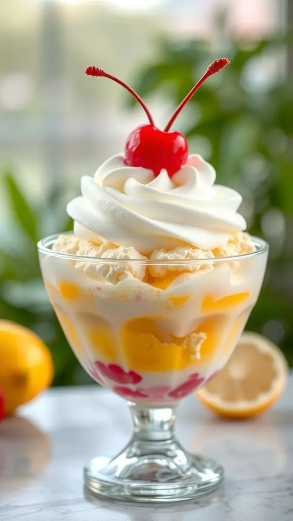 A delicious lemon ice cream sundae topped with whipped cream and a cherry.