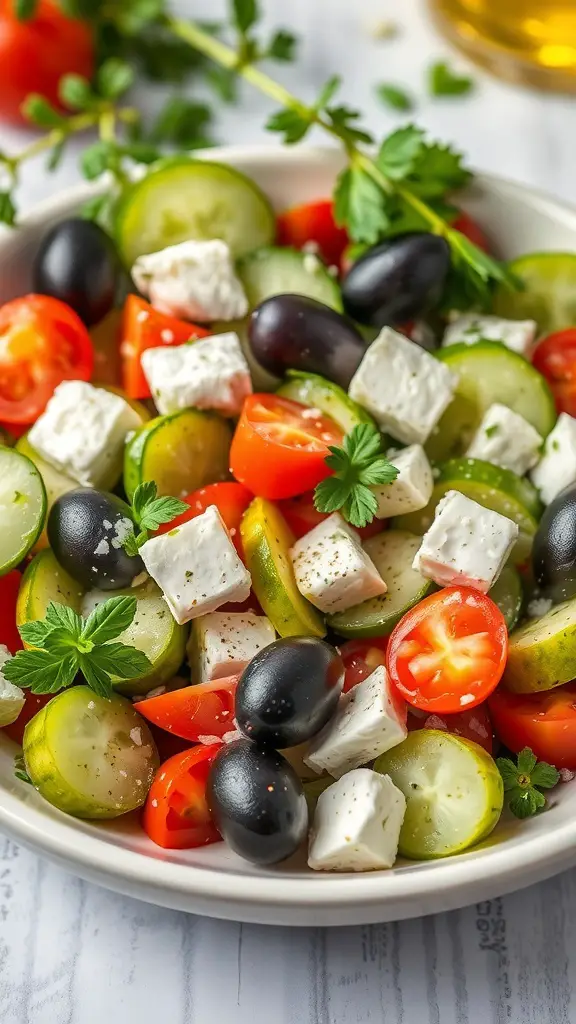 A colorful Greek salad with tomatoes, cucumbers, olives, and feta cheese.