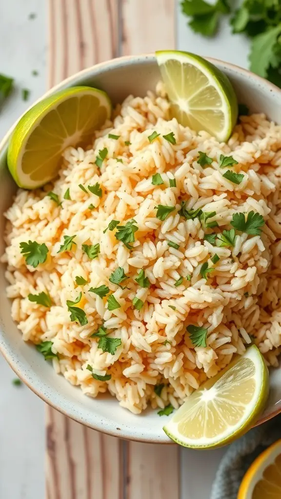 Bowl of cilantro lime brown rice with lime wedges and fresh cilantro
