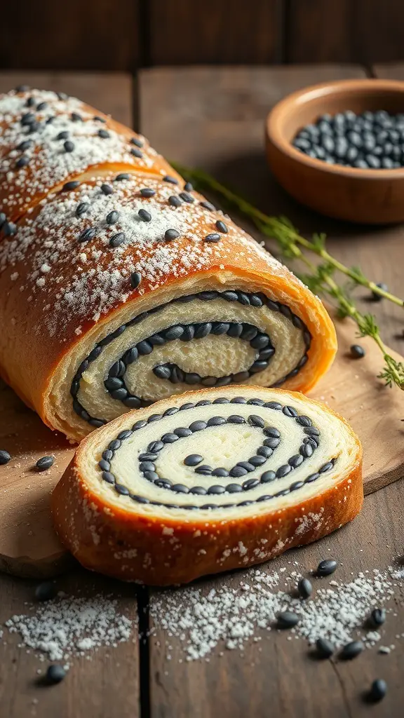 A traditional Polish Makowiec roll with poppy seeds, sliced and dusted with powdered sugar, on a wooden board.