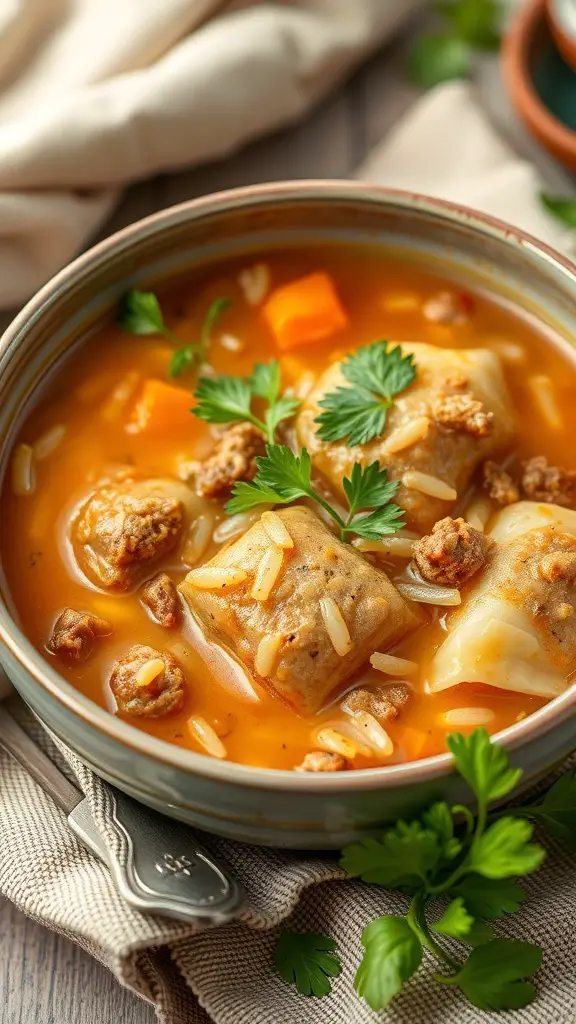 A bowl of Cabbage Roll Soup with cabbage, meatballs, and rice garnished with parsley.