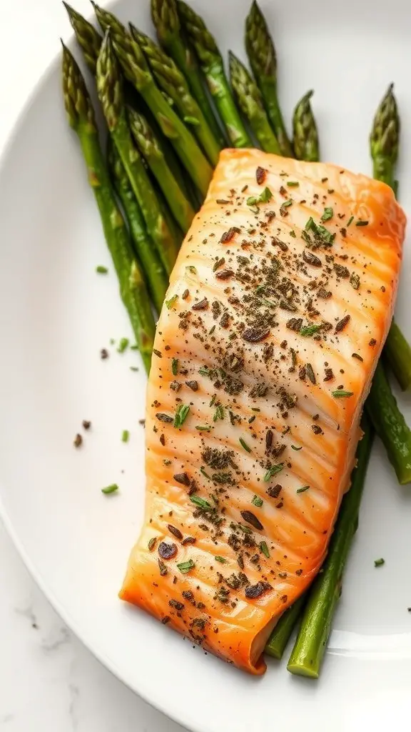 A plate of herbed salmon fillet resting on a bed of fresh asparagus.