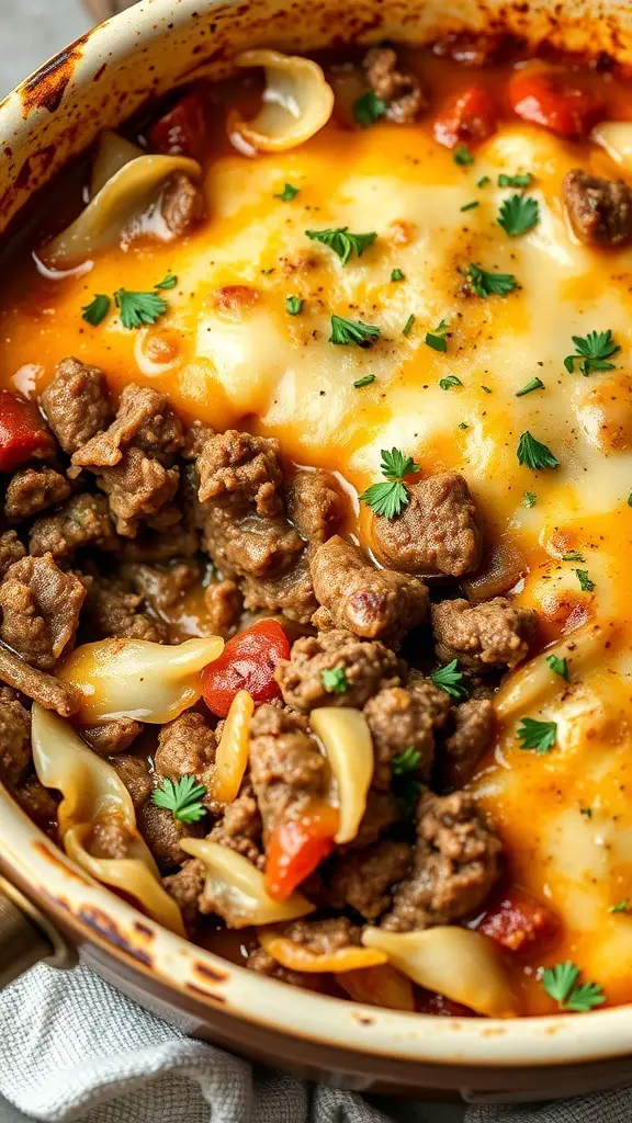 A cheesy cabbage and ground beef casserole with noodles and melted cheese on top.