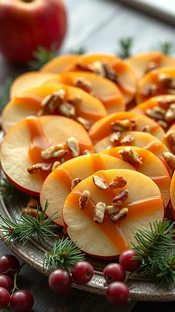 Plate of caramel apple slices topped with nuts and surrounded by festive decorations.