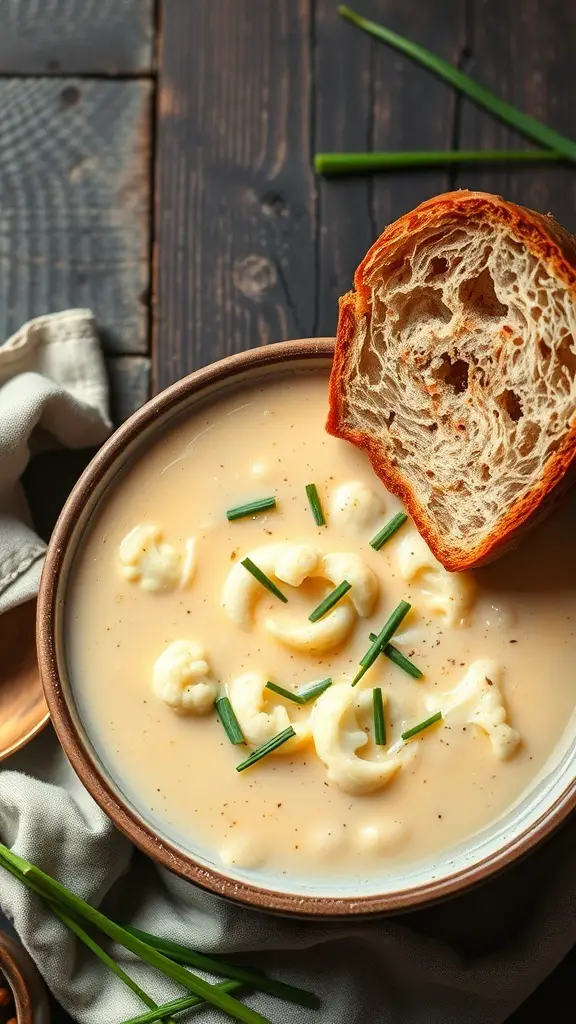 A bowl of creamy cauliflower and cheese soup topped with chives, alongside a slice of crusty bread.