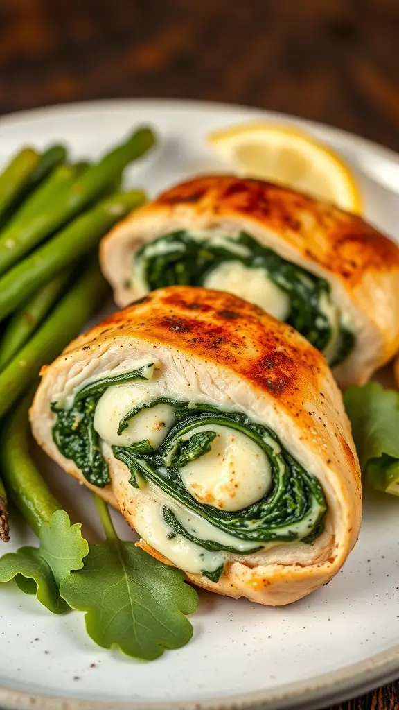 Stuffed chicken breasts with spinach and cheese, served with green beans on a plate.