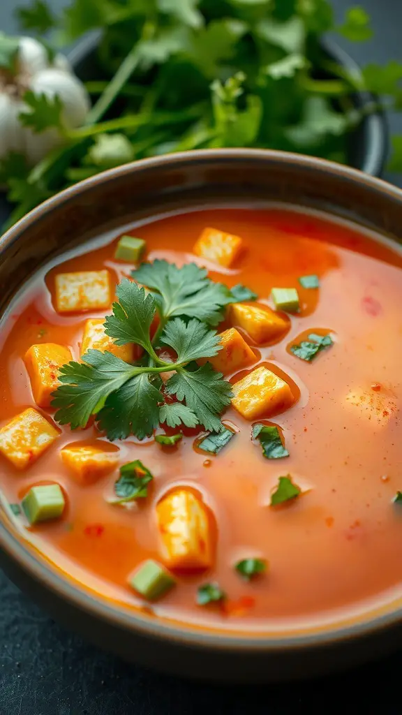 A bowl of Chili Garlic Tofu Soup with tofu cubes, cilantro, and green onions garnished on top.