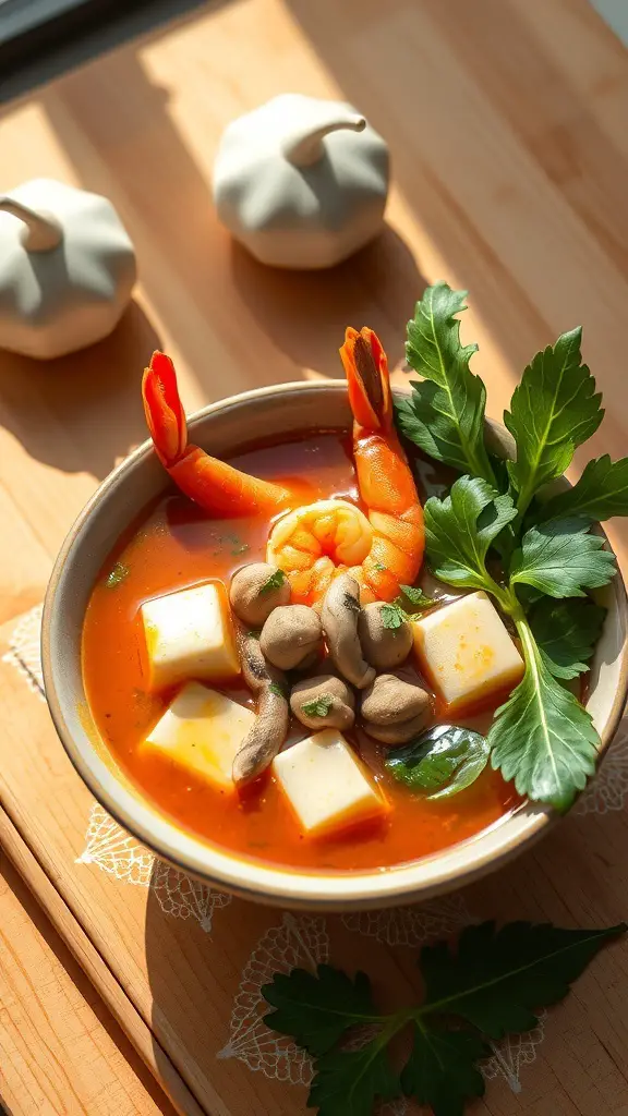 A bowl of Tom Yum Tofu Soup with shrimp, tofu cubes, mushrooms, and fresh herbs.