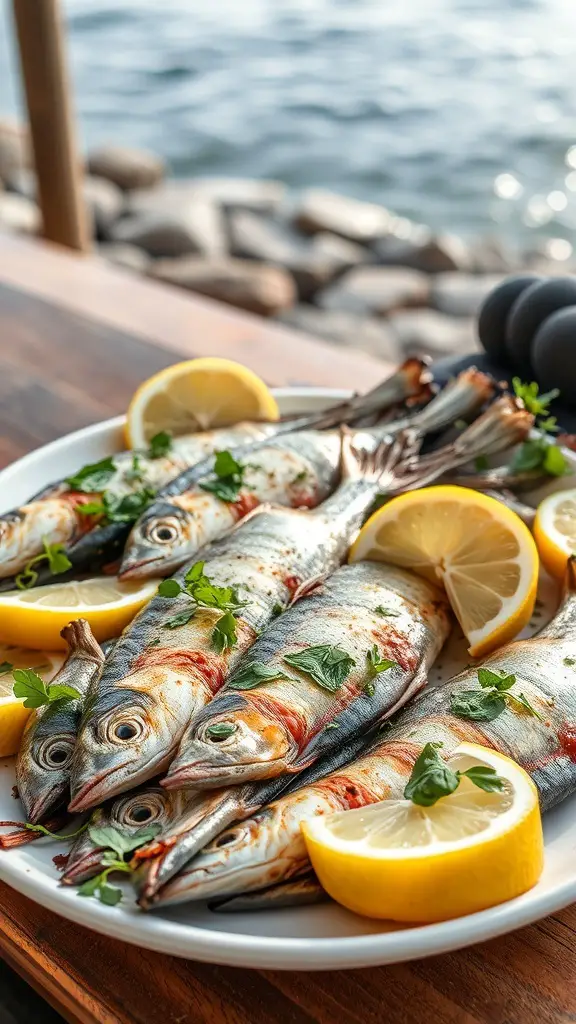 A plate of grilled sardines garnished with lemon slices and herbs, set against a coastal background.