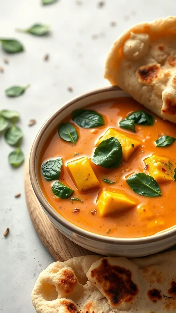 Bowl of curry tofu soup with chunks of tofu and fresh greens, served with naan bread.