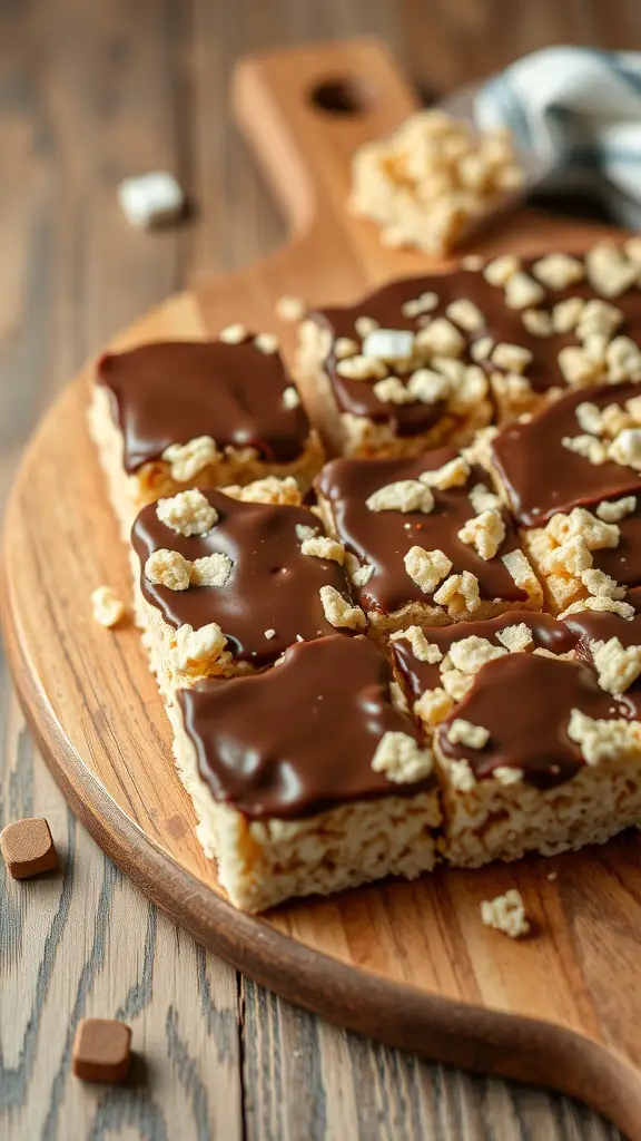 Chocolate dipped rice crispy treats on a wooden board