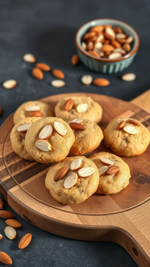 A plate of banana almond cookies topped with sliced almonds, with a bowl of almonds in the background.