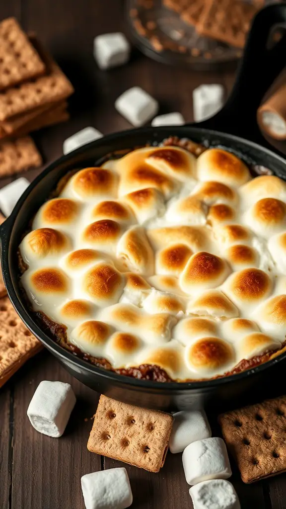 A warm S'mores Dip with toasted marshmallows on top, surrounded by graham crackers and marshmallows.