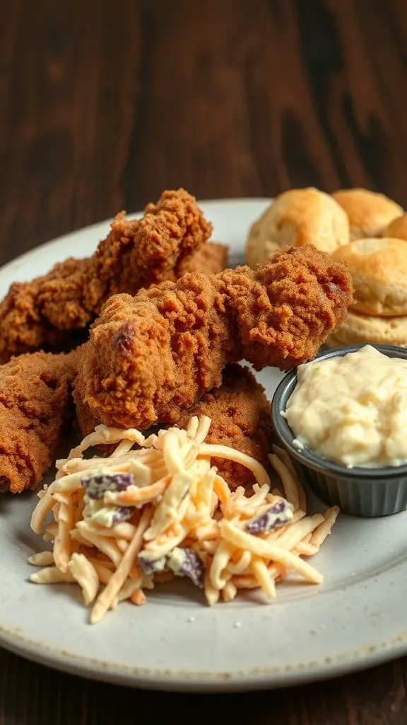 A plate of classic Southern fried chicken with coleslaw and biscuits.