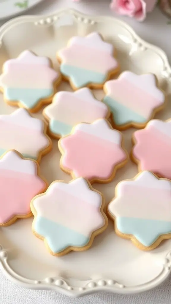 A plate of heart-shaped ombre cookies in pastel pink and blue, surrounded by soft pink roses.
