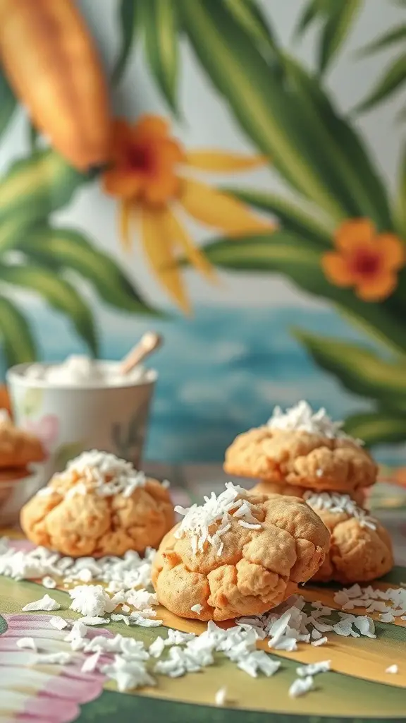 A close-up of banana coconut cookies topped with shredded coconut, set against a tropical background.