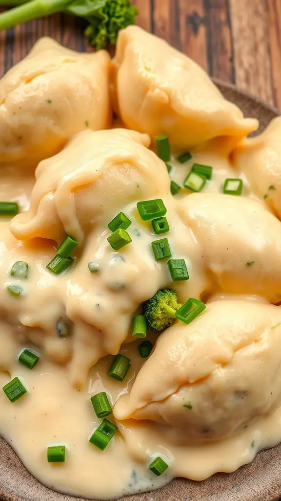 Cheddar and broccoli perogies topped with cheese sauce and green onions