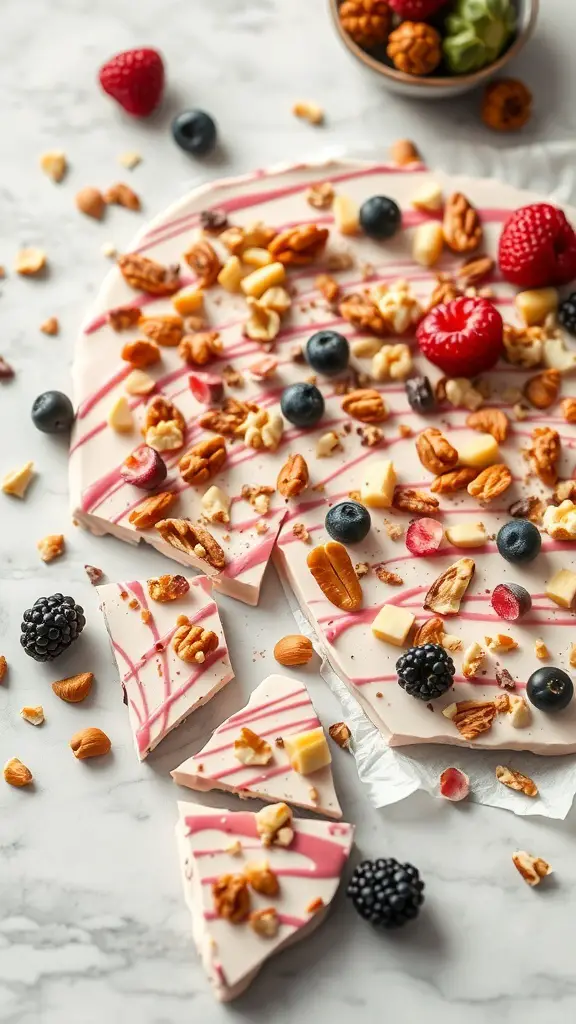 Frozen yogurt bark topped with nuts and berries, broken into pieces on a marble surface.