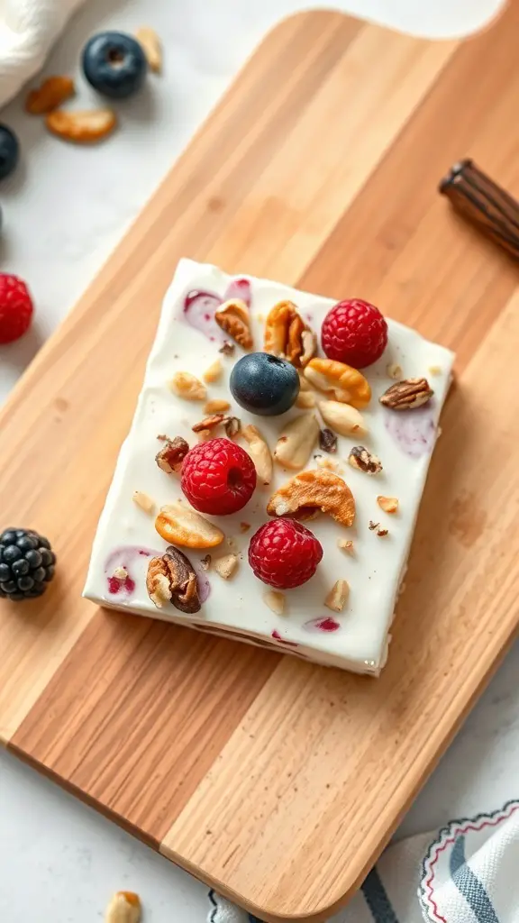 Frozen yogurt bark topped with nuts and berries on a wooden board