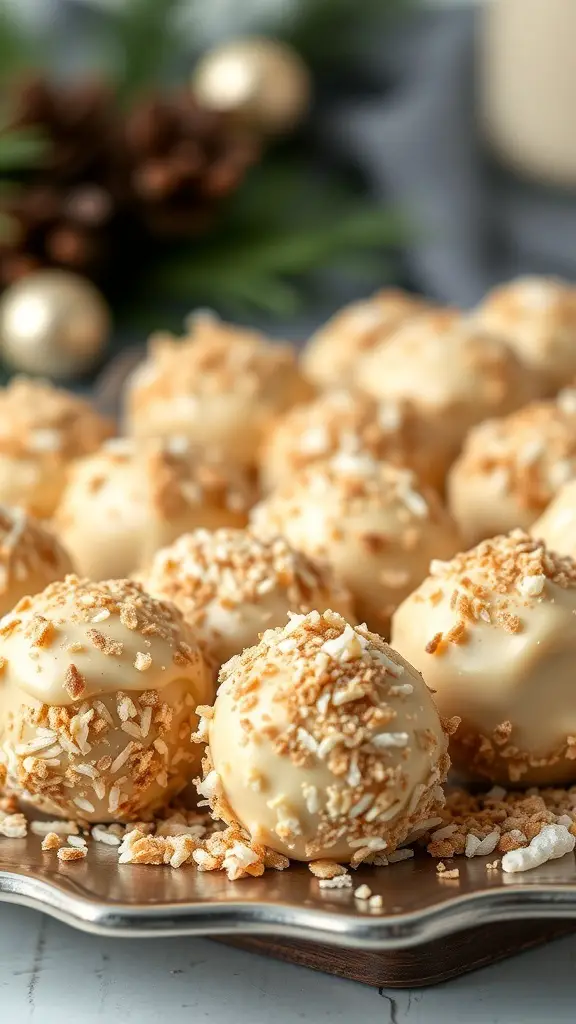 A platter of eggnog truffles coated in white chocolate and topped with crunchy bits, set against a festive backdrop.