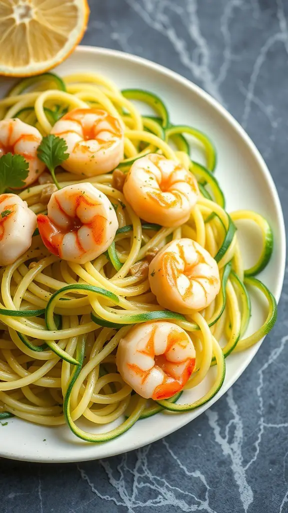A plate of shrimp and zucchini noodles garnished with herbs and lemon.