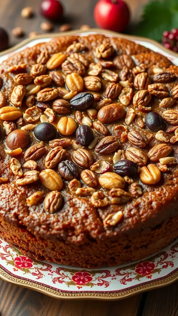 A delicious Sweet Keks Cake topped with a variety of nuts, resting on a decorative plate.