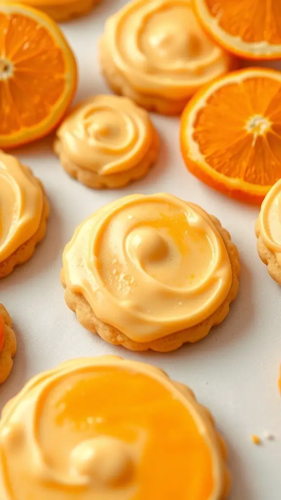 A collection of orange creamsicle cookies with orange frosting and fresh orange slices.