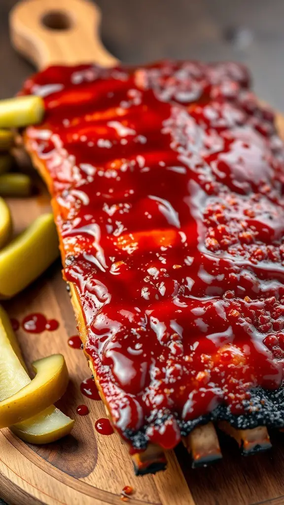 BBQ ribs glazed with tangy sauce on a wooden board with pickles