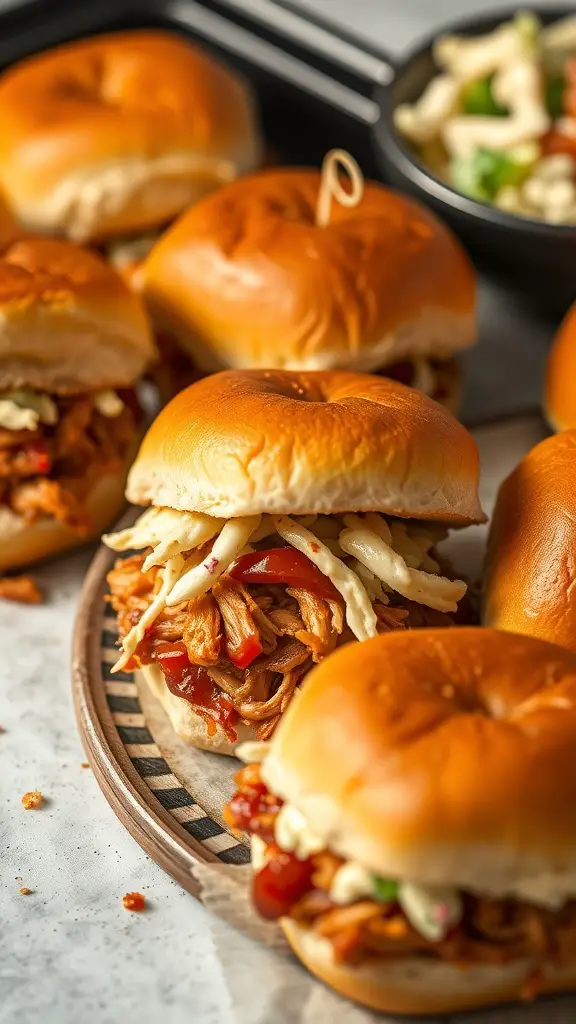 BBQ chicken sliders with shredded chicken and coleslaw on soft buns