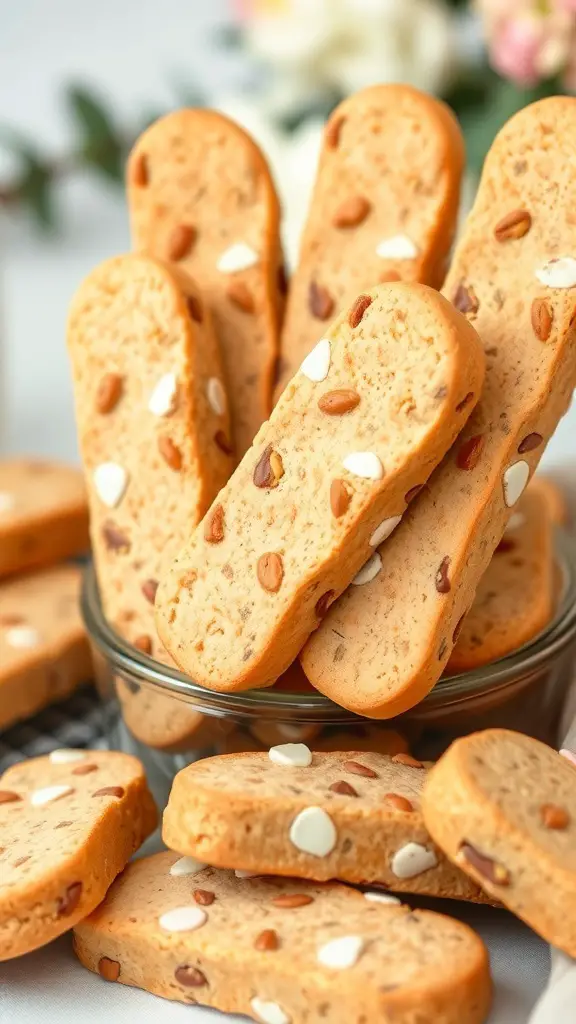 A variety of biscotti cookies with nuts and white chocolate chips, arranged in a bowl.