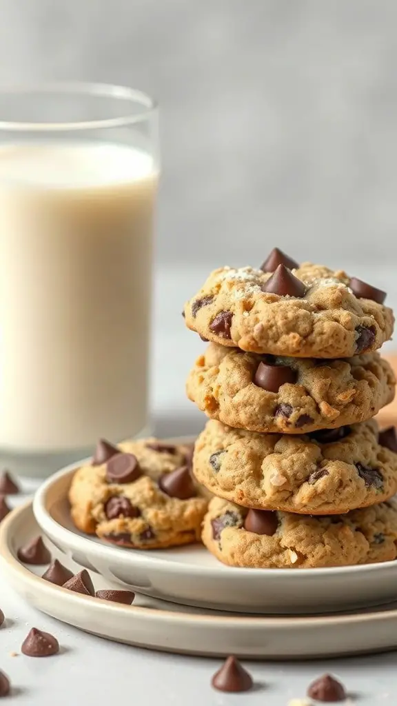 A stack of coconut flour chocolate chip cookies with a glass of milk in the background.