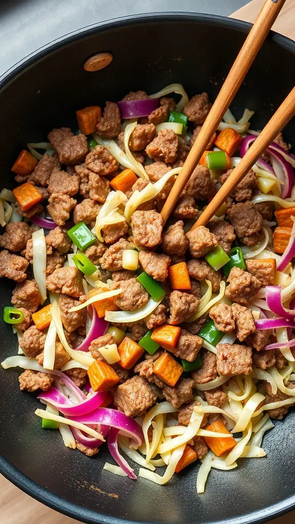 A colorful Beef and Cabbage Stir-Fry with ground beef, vegetables, and noodles in a pan.