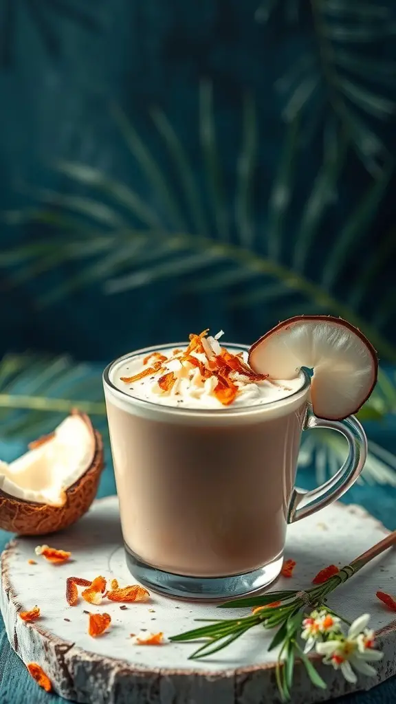 A cup of Coconut Cream Hot Chocolate topped with whipped cream and coconut flakes, with a slice of coconut on the rim.