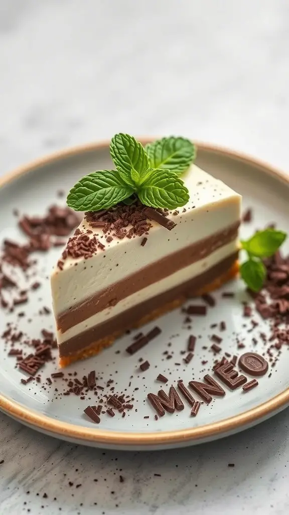 A slice of layered semifreddo dessert with chocolate and cream, garnished with mint leaves and chocolate shavings.