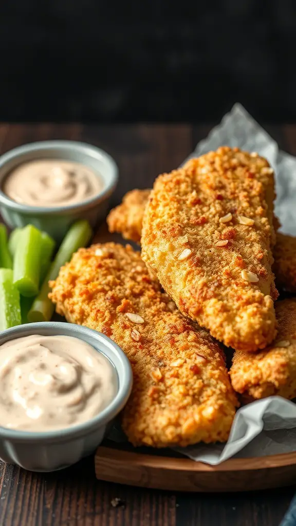 Crispy fried catfish fillets with tartar sauce and celery sticks on a wooden platter.
