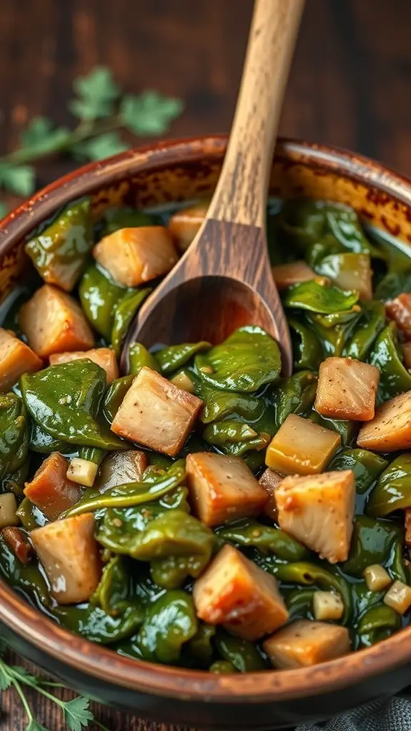 A bowl of collard greens with smoked ham hocks, garnished with herbs.