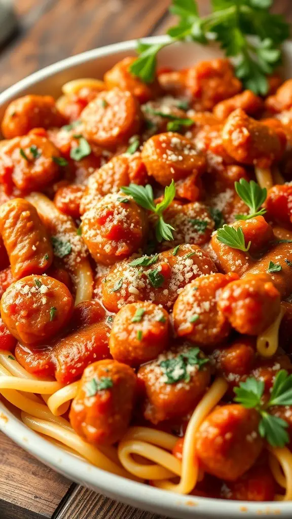 A delicious serving of baked ziti with sausage, topped with parsley and cheese.