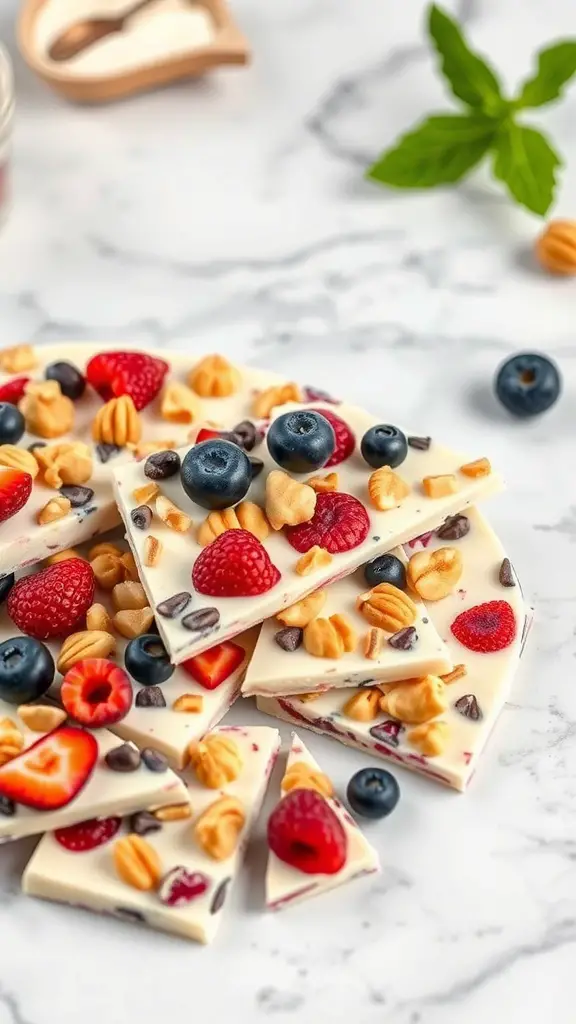 Colorful berry yogurt bark with strawberries, blueberries, raspberries, nuts, and chocolate chips.