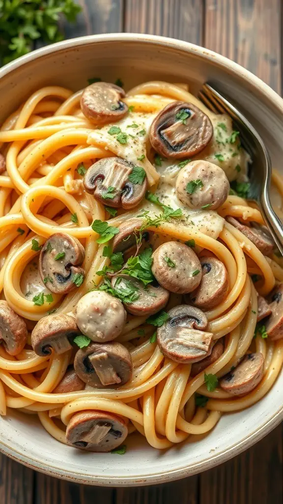 A bowl of creamy mushroom chicken pasta with spaghetti and mushrooms, garnished with parsley.