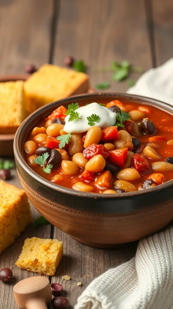 A bowl of vegetable and bean chili topped with cilantro and a dollop of yogurt, served with cornbread on the side.