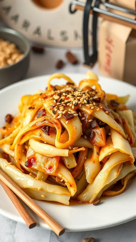A plate of Asian-inspired baked cabbage with soy sauce, garnished with sesame seeds and chopsticks.