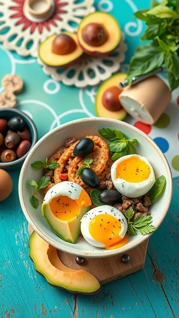 A Mediterranean breakfast bowl with soft-boiled eggs, avocado, olives, and greens on a colorful table.