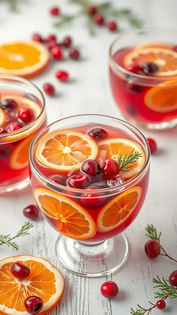 A festive cranberry citrus holiday punch with cranberries and orange slices in a glass