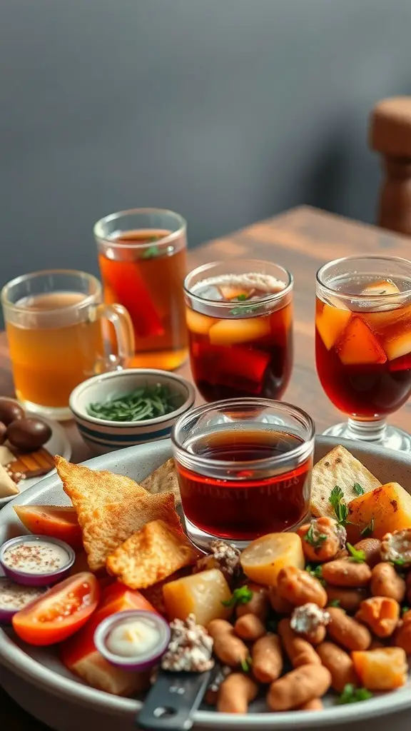 A mezze platter with various appetizers and drinks including tea and sangria.