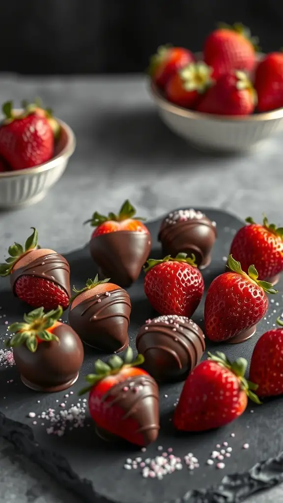 A plate of chocolate covered strawberry truffles with fresh strawberries in the background.