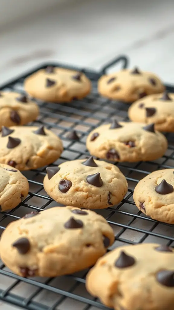 Freshly baked cottage cheese chocolate chip cookies on a cooling rack.