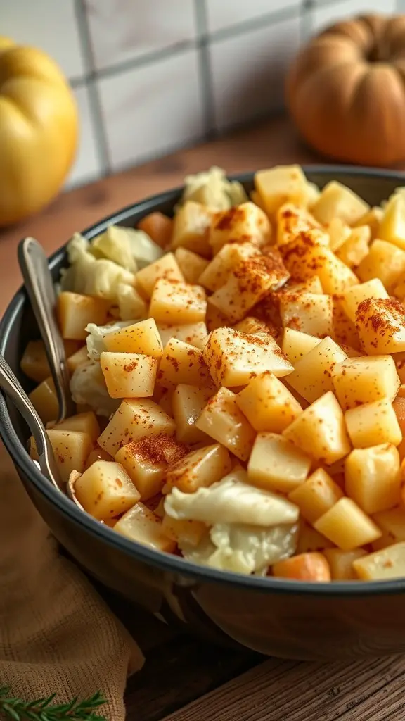 A bowl of baked cabbage with diced apples and sprinkled cinnamon.